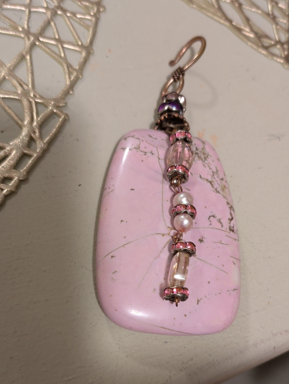 Artisan Rhodonite Semi Precious Stone Pendant/ Purse Charm Pink Crystal Beads